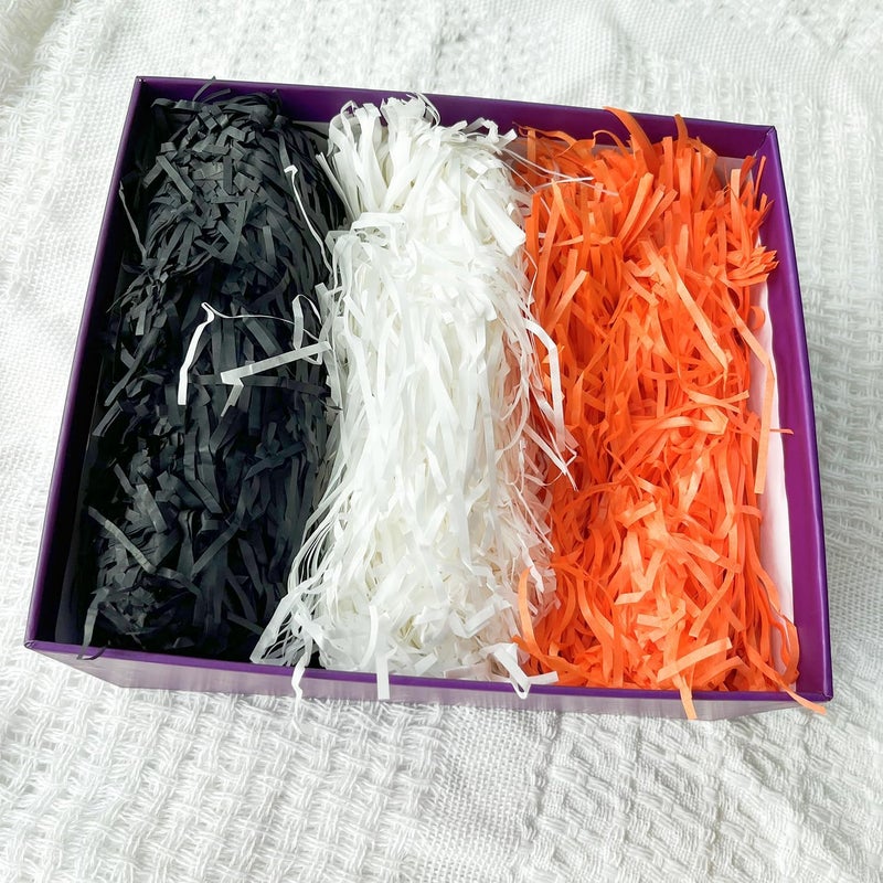 JINZOFLY Raffia Paper Shreds, 300g Shredded Paper for Gift Box, Crinkle Cut Paper Shred Filler for Gift Wrapping & Basket Filling(Orange, white, black) - Image 3